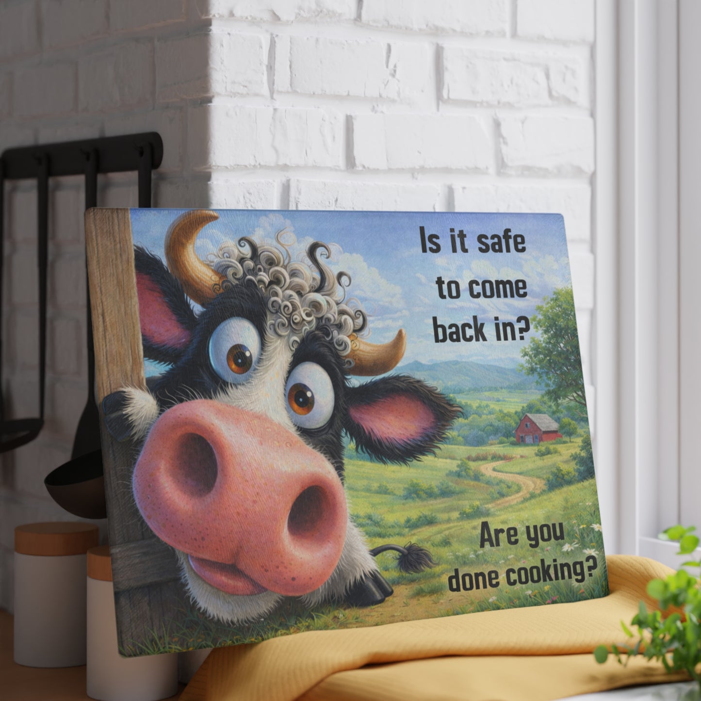 Is It Safe to Come Back In? Funny Farm Cow Glass Cutting Board – Whimsical Country Kitchen Humor