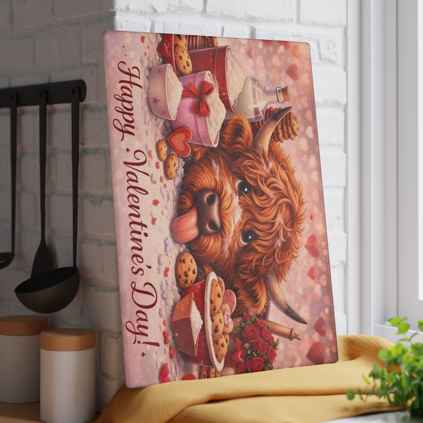 Valentine Highland Cow Baking Glass Cutting Board – Sweet Farmhouse Love Kitchen Decor