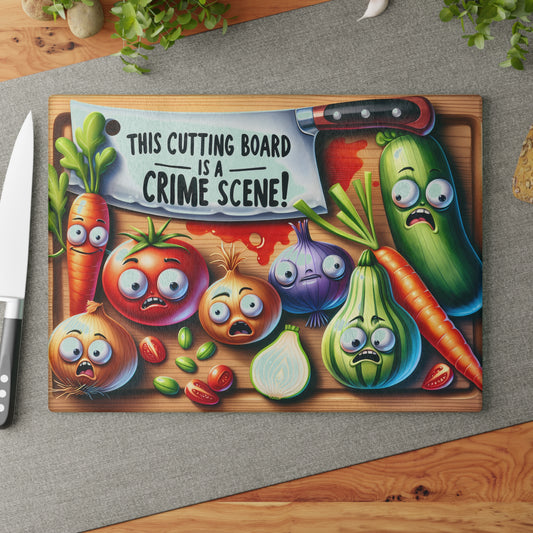 Tabla de cortar de vidrio con temática de escena del crimen en la cocina: verduras, pan y salami que gritan, decoración divertida para la cocina