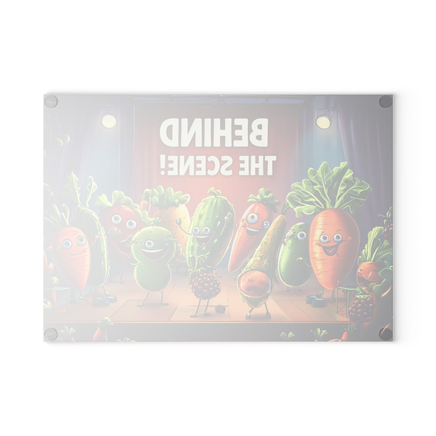 Tabla de cortar de vidrio "¡Detrás de escena!" - Decoración de cocina cómica con verduras danzantes 🌟🍅