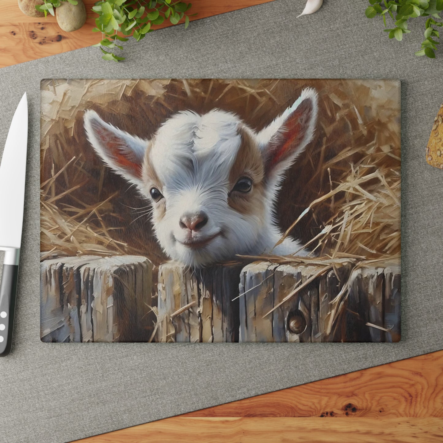 🐐 Straw Nest Baby Goat Cutting Board – Farm Fresh Charm for Your Kitchen