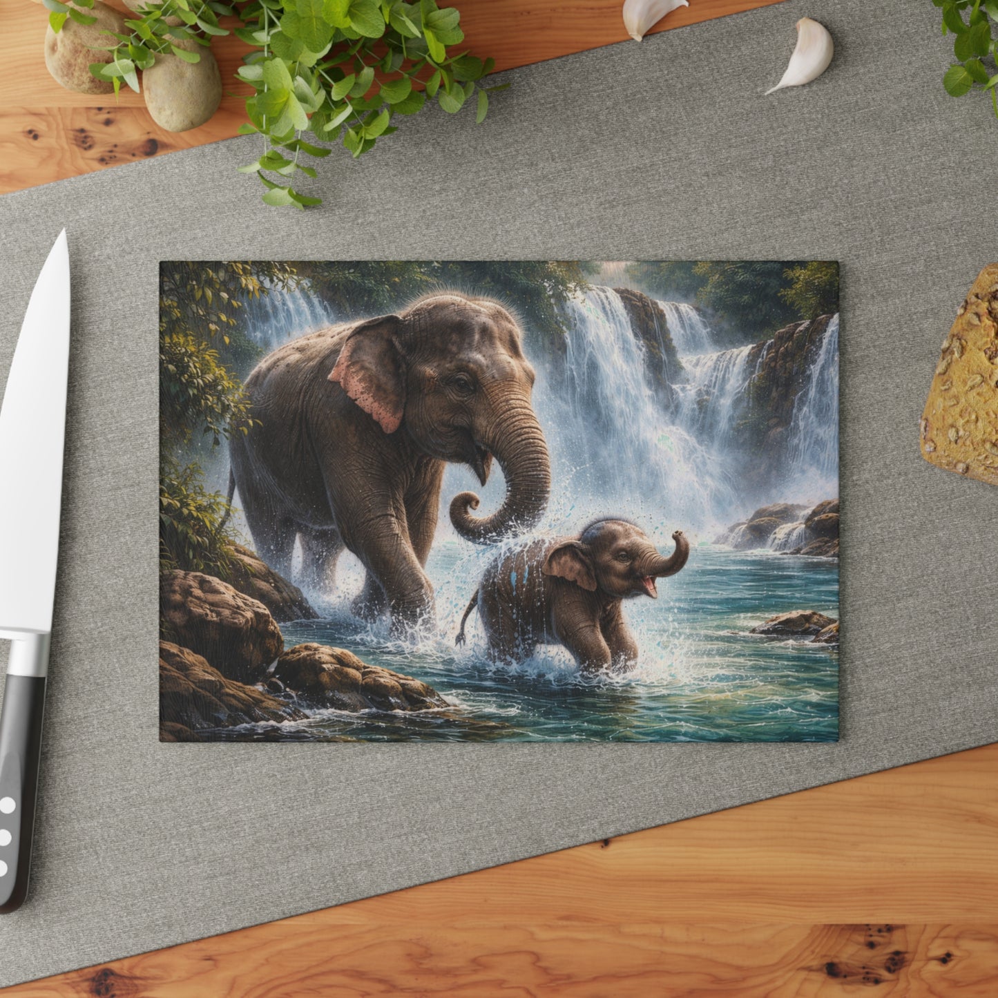 Elephant Waterfall Adventure Glass Cutting Board – Playful Wildlife Nature Kitchen Art