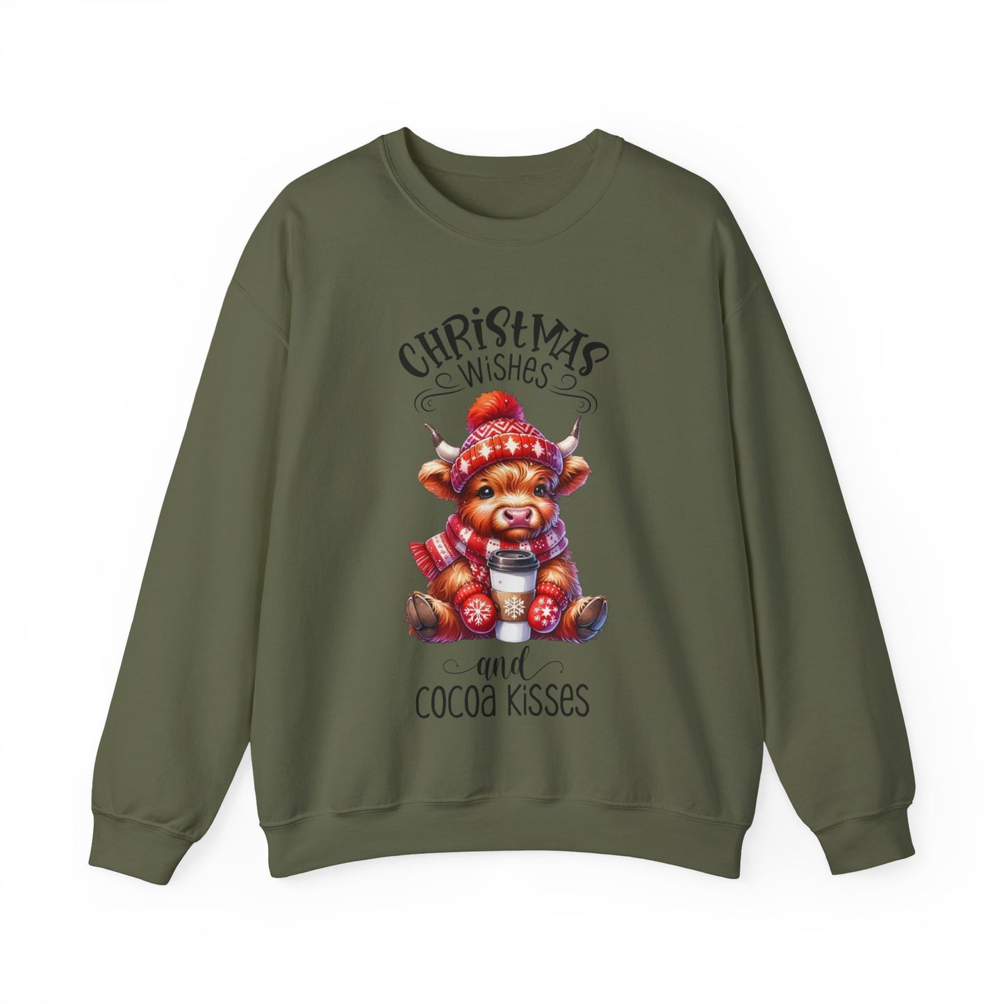 🎄☕🐮 Christmas Wishes and Cocoa Kisses Sweatshirt – Cozy Highland Cow Holiday Sweater ❄️❤️