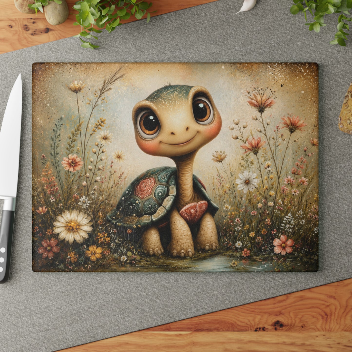 Cute Whimsical Turtle Glass Cutting Board