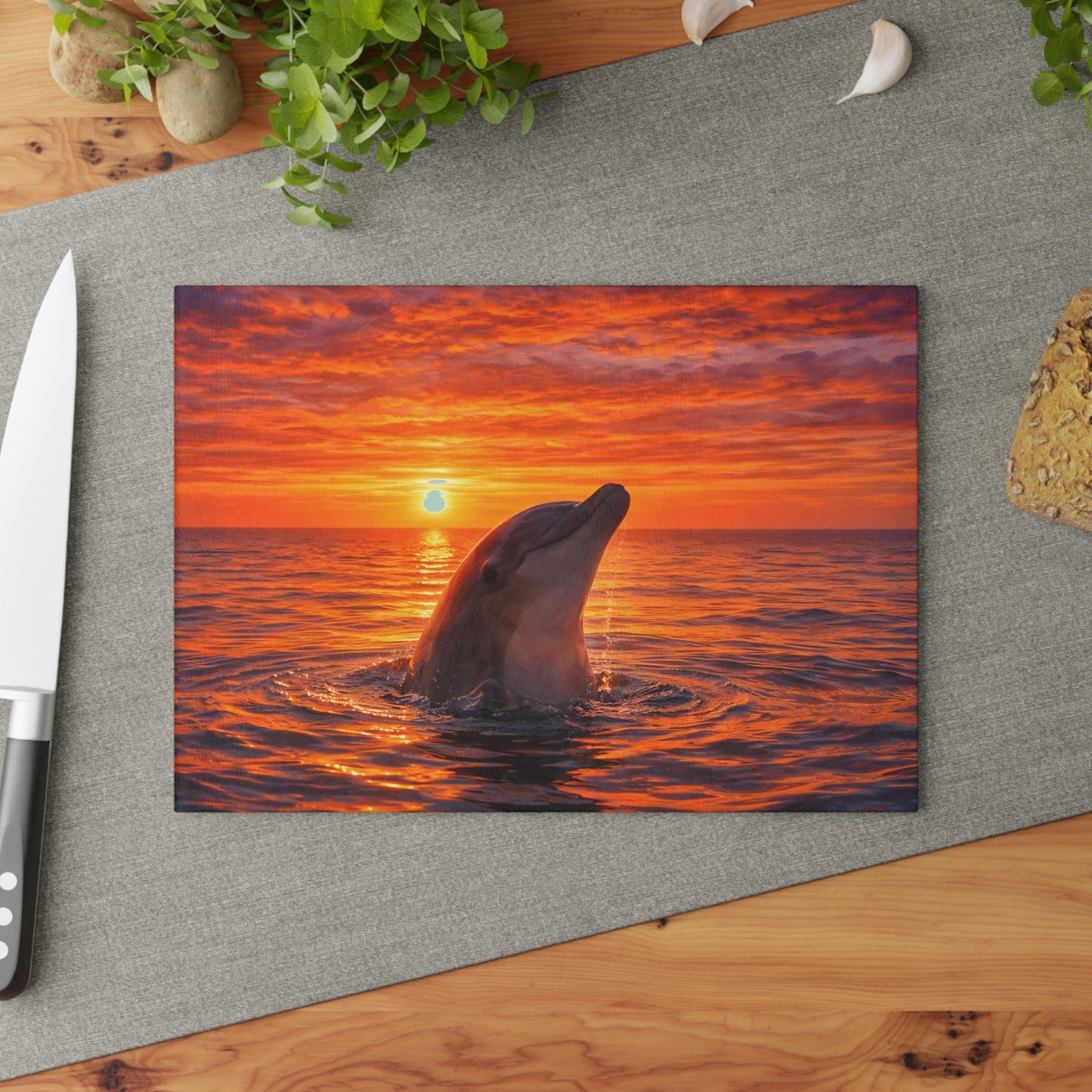 Dolphin Sunset Glass Cutting Board – Ocean Serenity Coastal Kitchen Decor