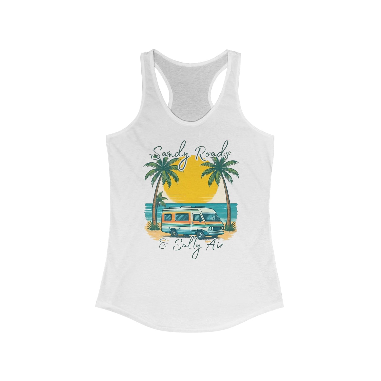 Camiseta sin mangas con espalda nadadora Sandy Roads &amp; Salty Air: camiseta playera ligera para mujer para días costeros y ambiente veraniego.