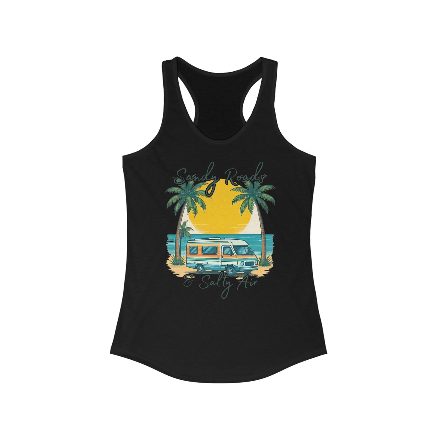 Camiseta sin mangas con espalda nadadora Sandy Roads &amp; Salty Air: camiseta playera ligera para mujer para días costeros y ambiente veraniego.