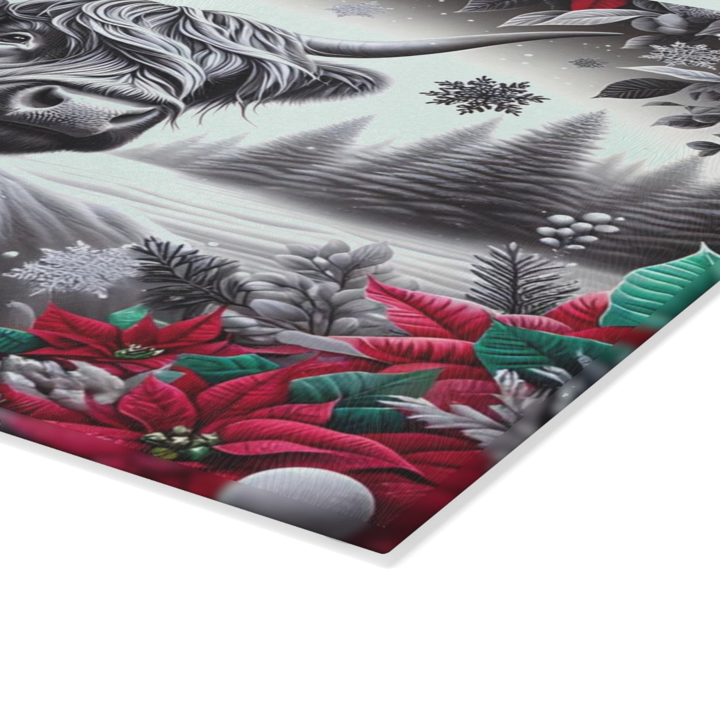 🐮❄️ “Winter Highland Cow” Glass Cutting Board – Rustic Christmas Charm for Your Kitchen