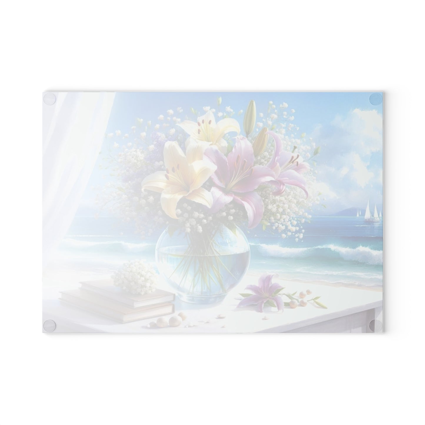 Tabla de cortar Ocean Breeze Lily: elegante decoración de cocina con escena playera floral