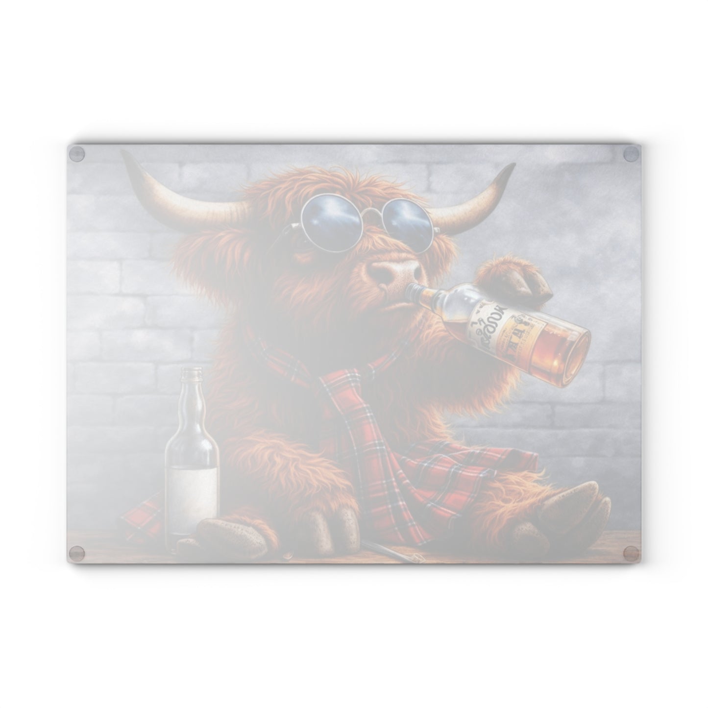 Cool Shades Highland Cow Glass Cutting Board – Playful Farm Bar Art with Bold Rustic Attitude