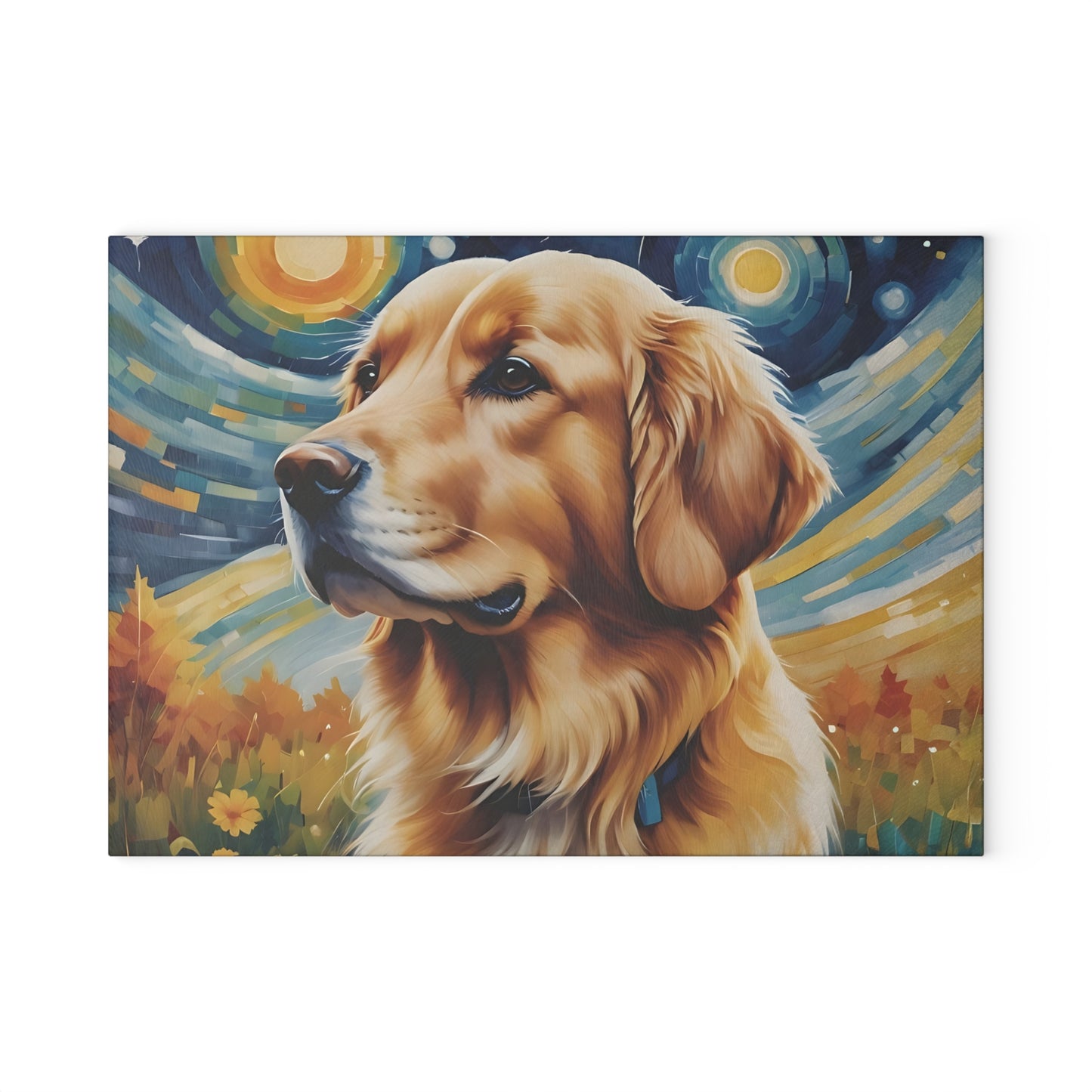 Golden Retriever Glass Cutting Board – Painterly Dog Art Kitchen Display