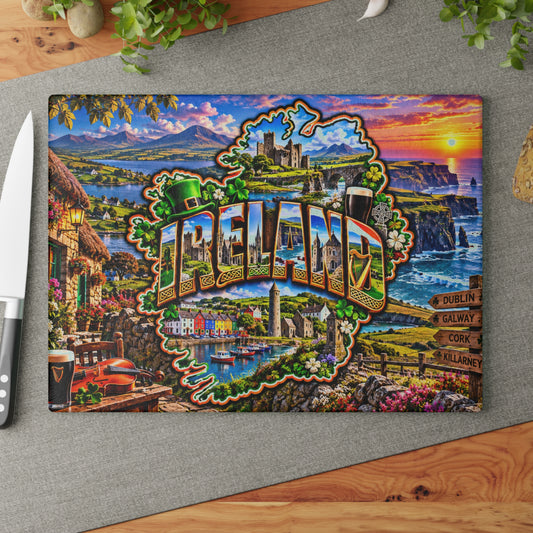Ireland Map Cutting Board – Irish Castles, Cliffs of Moher, Shamrocks, Celtic Heritage & Scenic Kitchen Décor