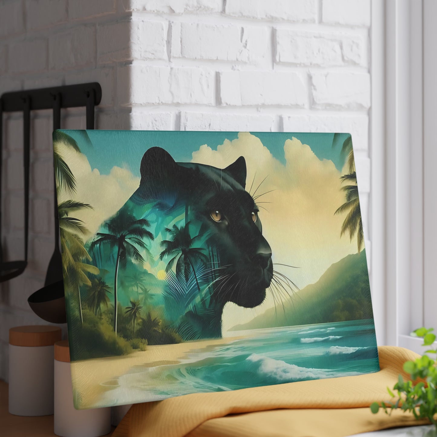 Tabla de cortar de vidrio con diseño de Pantera Negra y puesta de sol en la playa: decoración de cocina con un gato de la jungla místico
