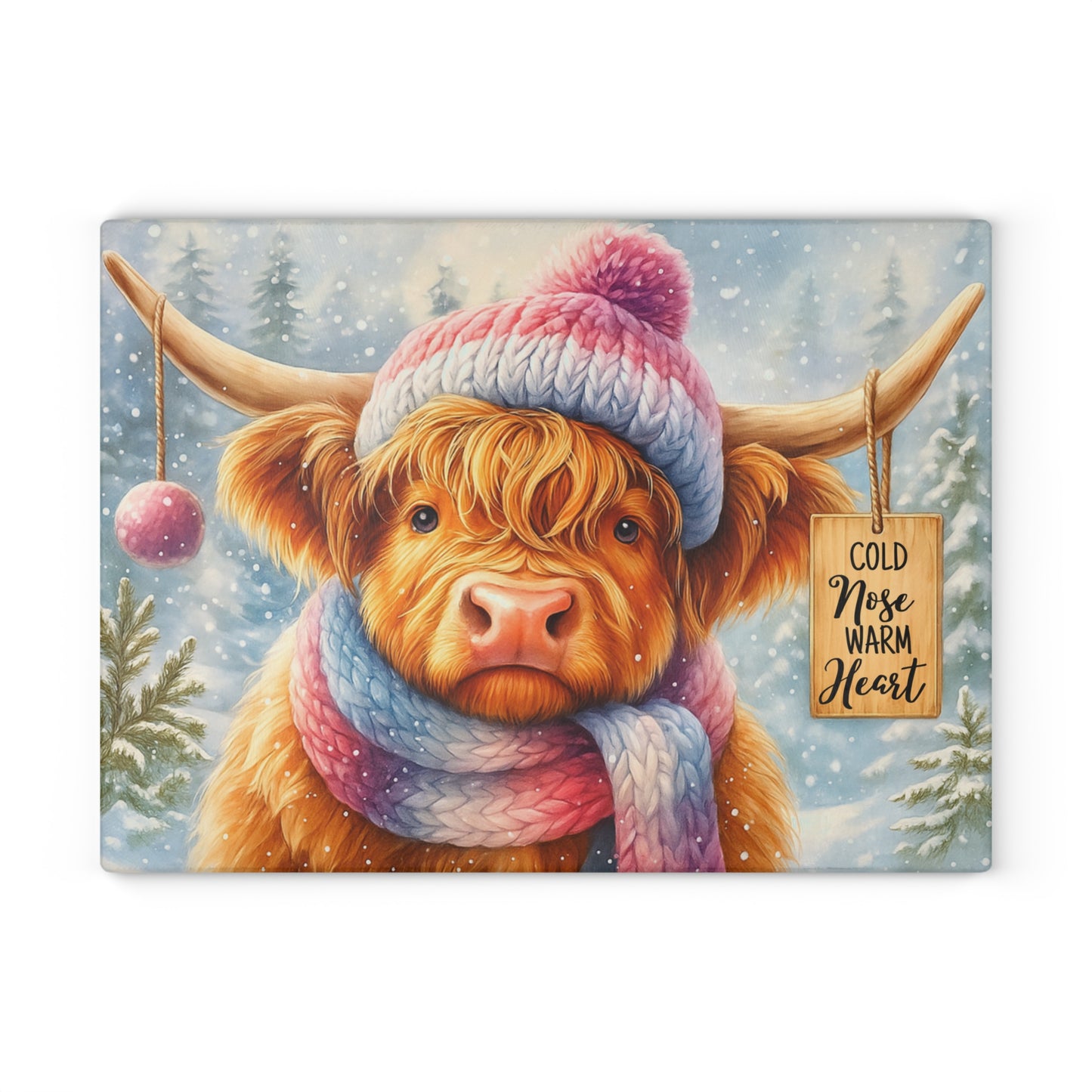 🐮❄️ “Cold Nose, Warm Heart” Tempered Glass Board – Cozy Highland Winter Vibes