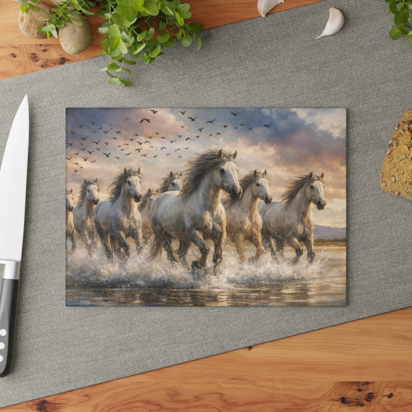 Running Wild Horses Glass Cutting Board – Western Horse Lover Farmhouse Kitchen Decor