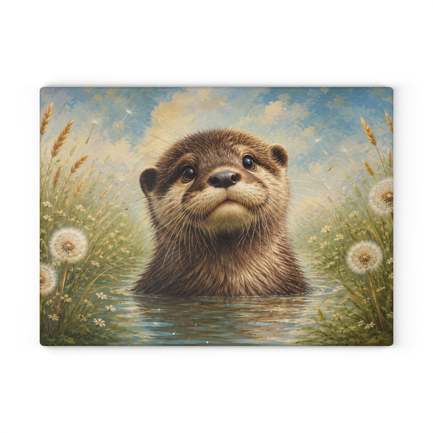 Gentle Meadow Otter Glass Cutting Board – Whimsical Wildlife Art with Soft Nature Tones