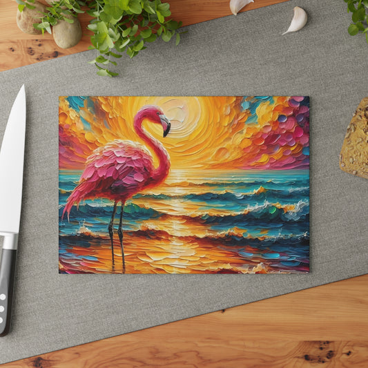 Tabla de cortar - Tabla de cortar de vidrio templado con diseño de flamenco rosa y atardecer en la playa, tabla de charcutería, tabla de cortar, regalo de inauguración de la casa, tabla de cortar personalizada, rústica