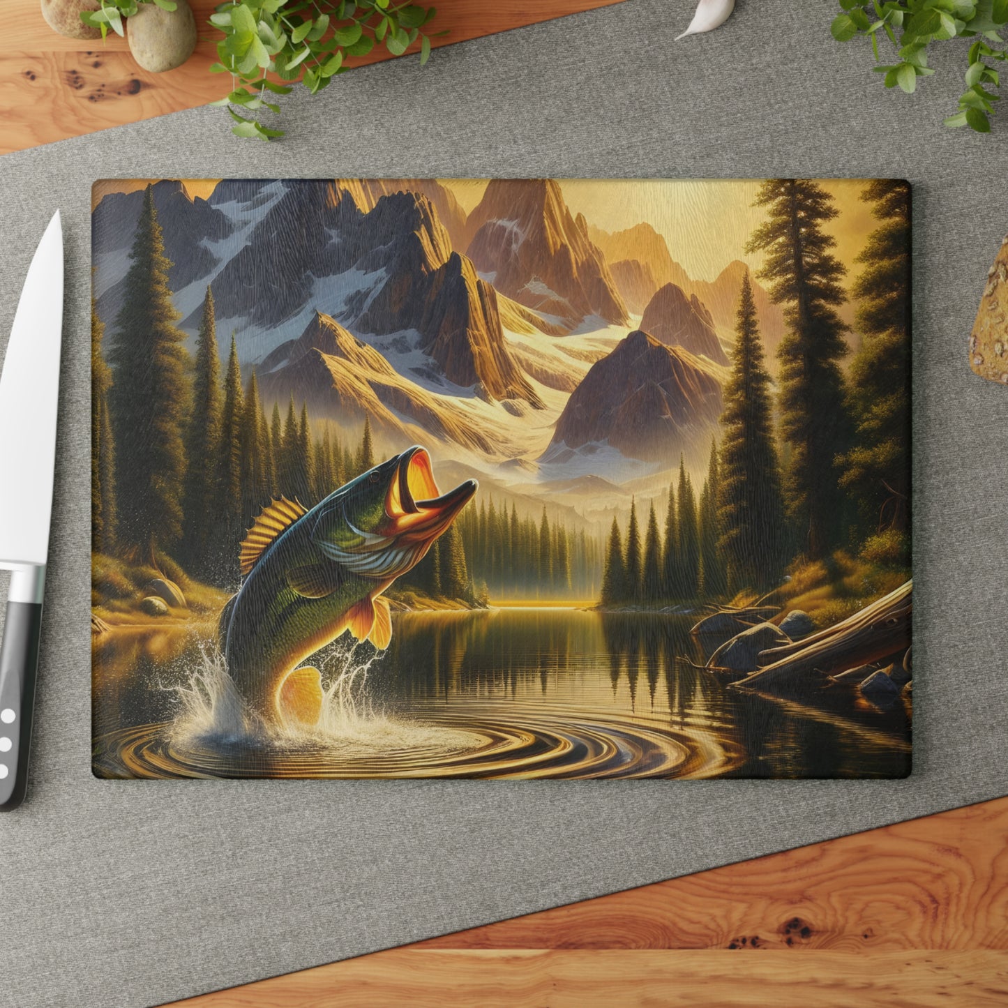 🎣 Mountain Lake Fishing Scene Cutting Board – Perfect for Anglers & Outdoor Enthusiasts 🌲