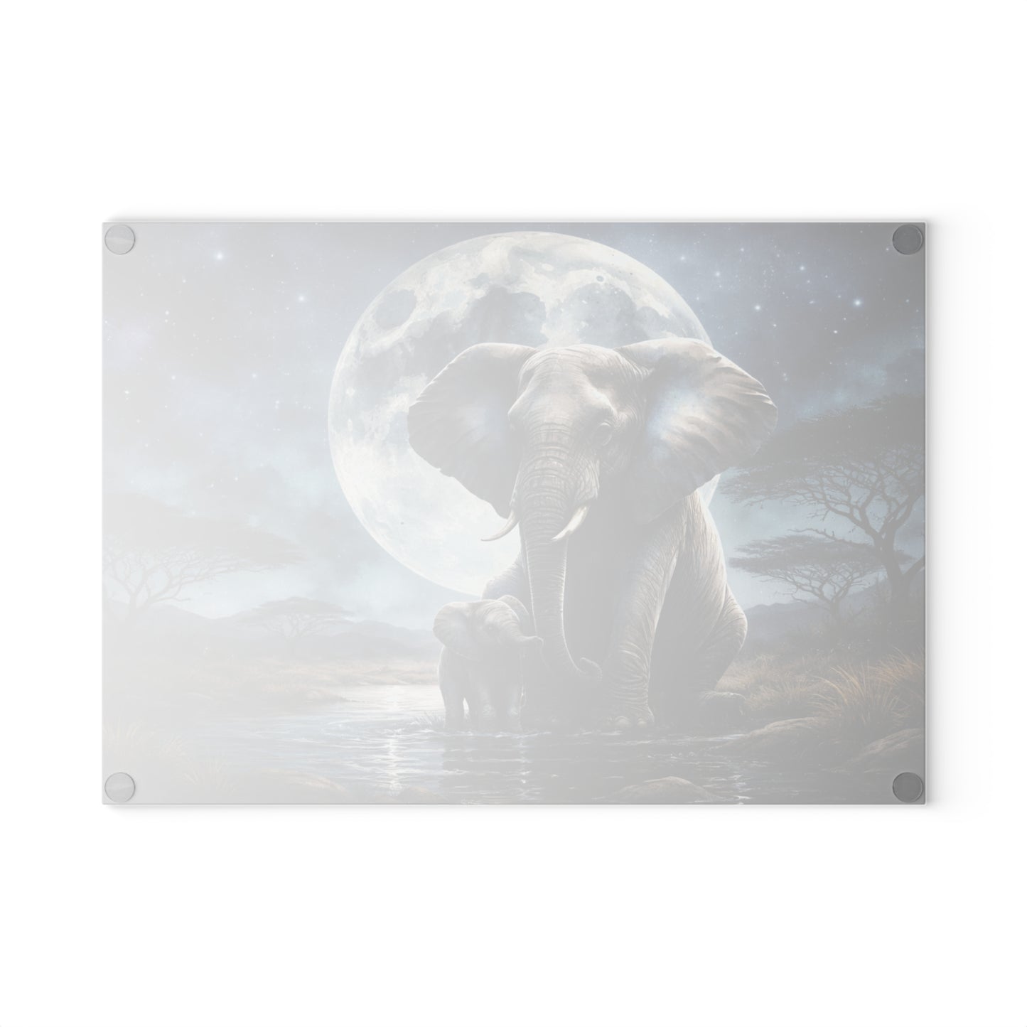 Moonlit Elephant and Calf Glass Cutting Board – Mystical Night Safari Wildlife Art
