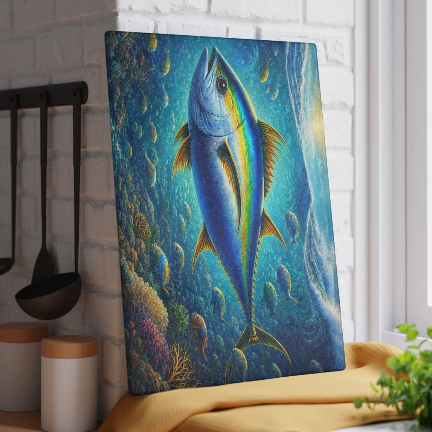 Majestic Ocean Current Fish Glass Cutting Board – Vivid Underwater Reef Artwork