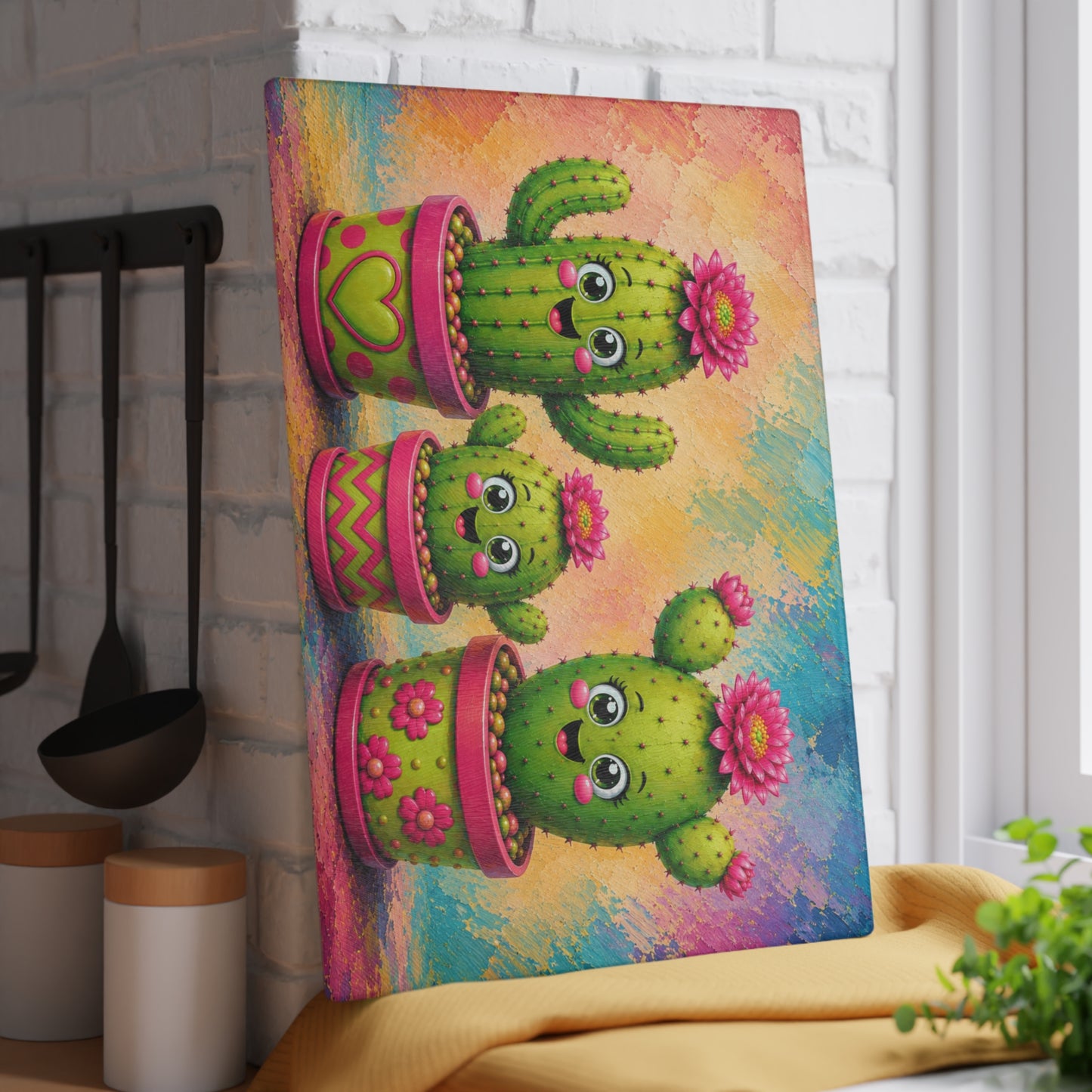 Smiling Cactus Family Glass Cutting Board – Cute Whimsical Desert Plant Artwork with Colorful Flower Pots