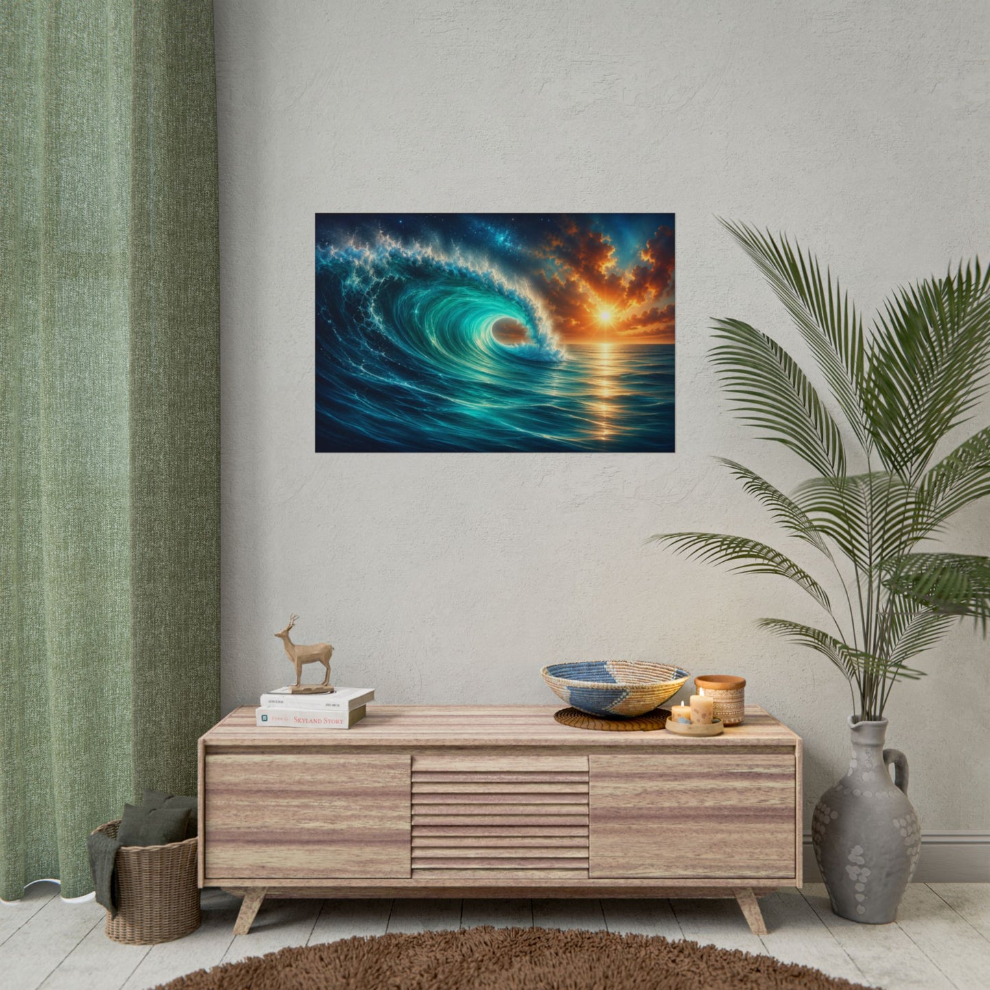 Dramatic Ocean Wave & Sunset Rolled Poster – Coastal Seascape Wall Art – 36 × 24 Inches