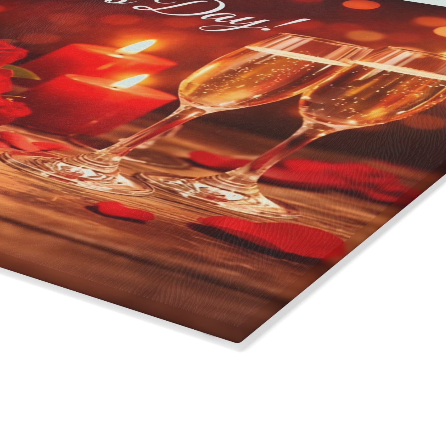 Happy Valentine’s Day Champagne & Roses Glass Cutting Board – Romantic Evening Kitchen Accent