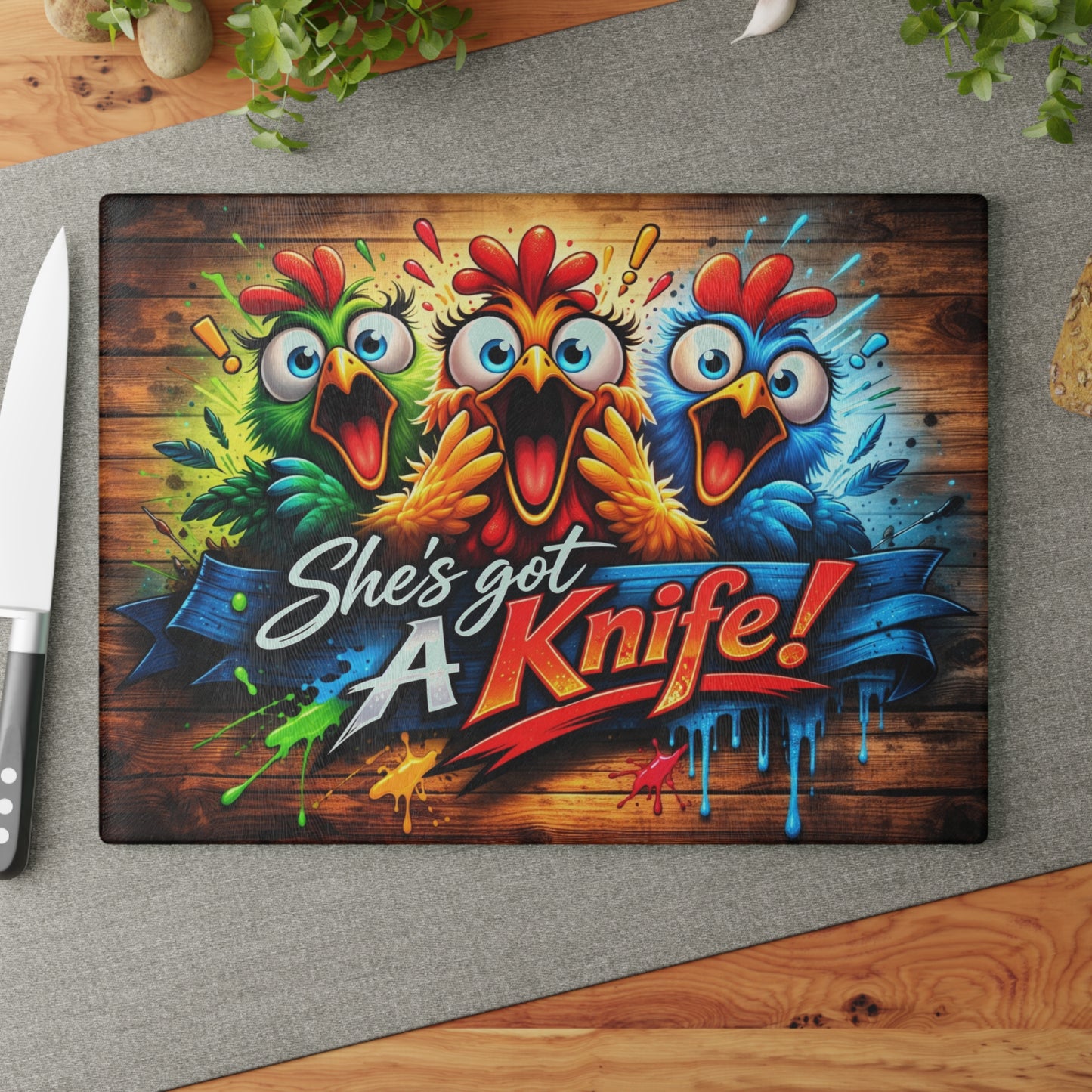 She’s Got a Knife! Glass Cutting Board – Hilarious Chicken Cartoon Kitchen Humor