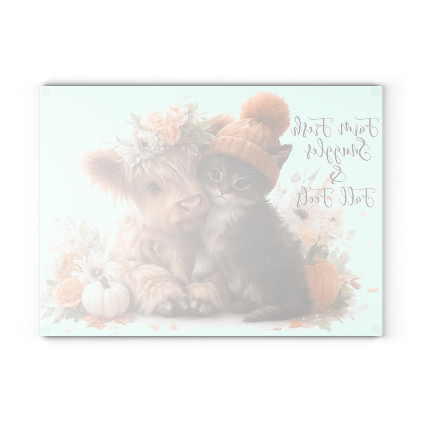 🍂🐱🐮 “Farm Fresh Snuggles & Fall Feels” Glass Cutting Board – Cozy Autumn Charm for Your Kitchen