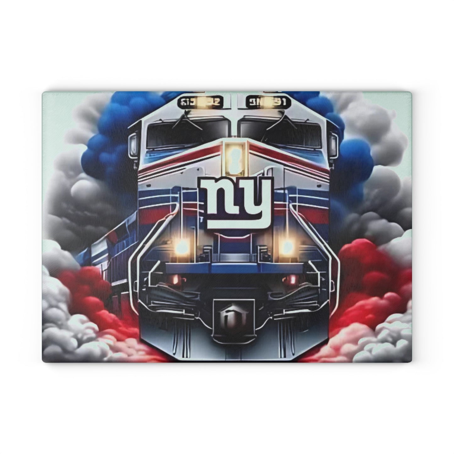 Royal Blue & Red Express Glass Cutting Board – Striking Train Design for Bold Kitchens