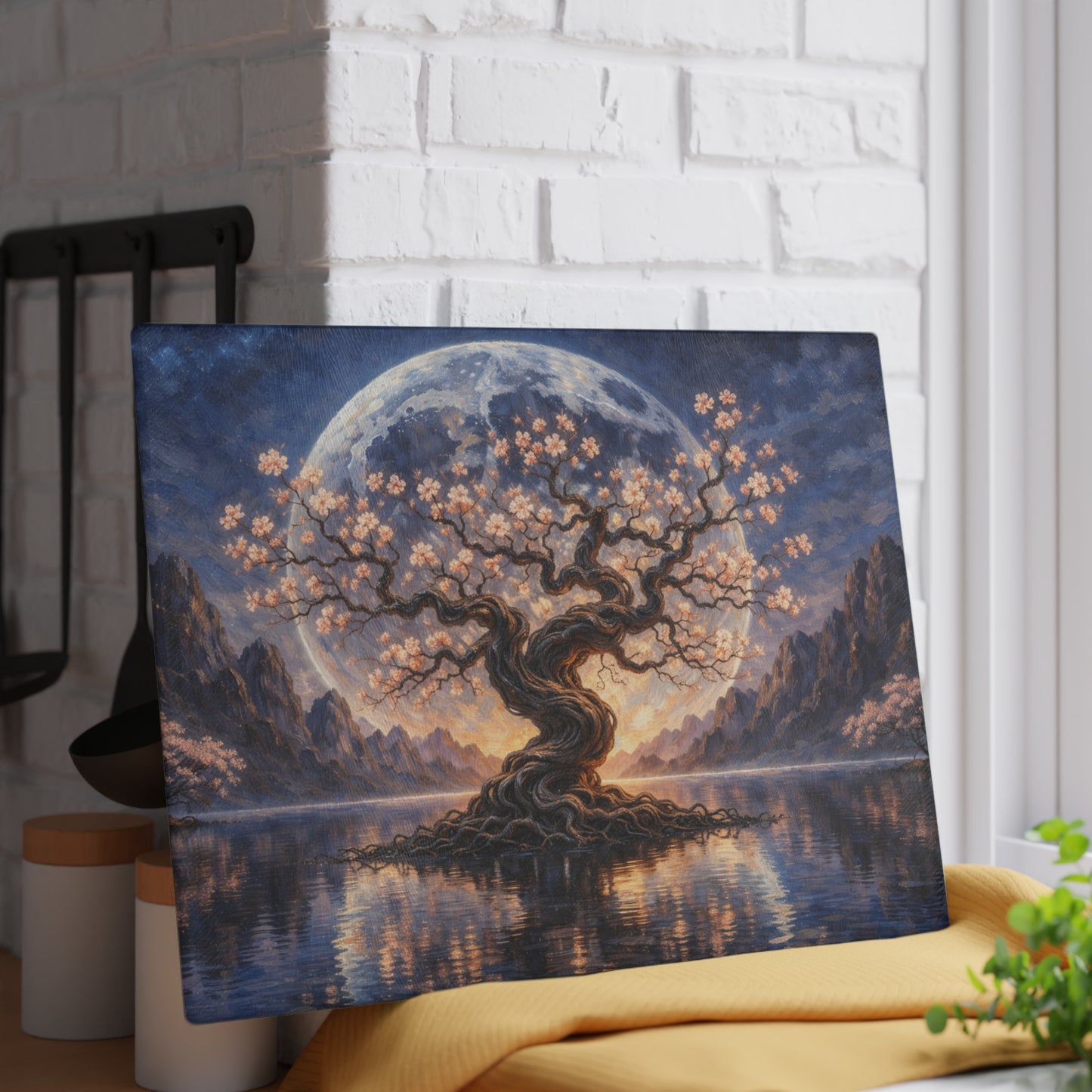 Moonlit Blossom Tree Glass Cutting Board – Dreamlike Fantasy Kitchen Art