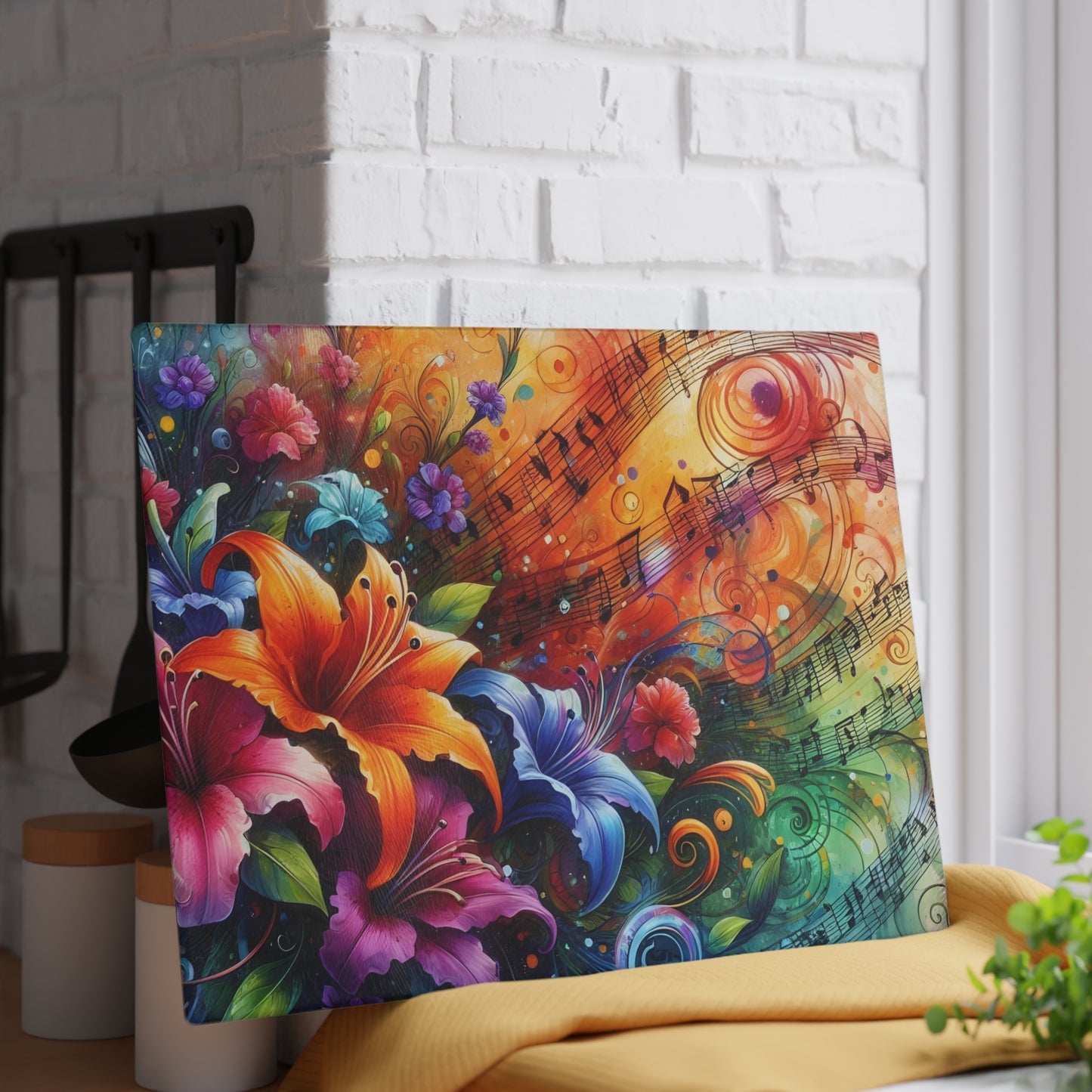 🎶🌺 Music and Flowers Cutting Board – Artistic Harmony for Your Kitchen 🌈