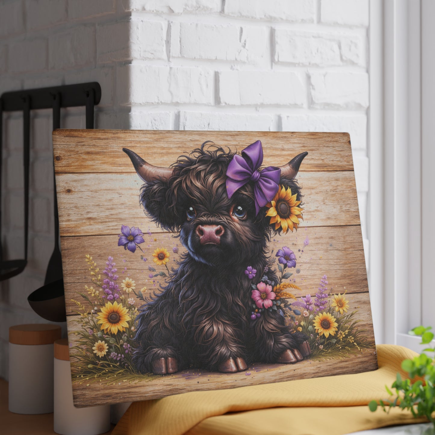 Sunflower Bow Highland Calf Glass Cutting Board – Rustic Farm Animal Art with Floral Country Charm