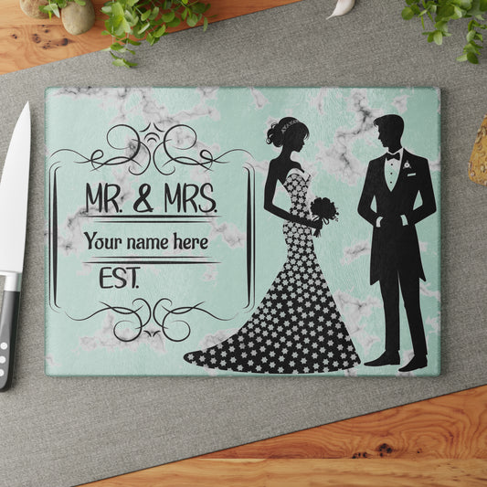 👰‍♀️ Elegante tabla de cortar de mármol para bodas de Sr. y Sra.: regalo personalizado para pareja con apellido y año