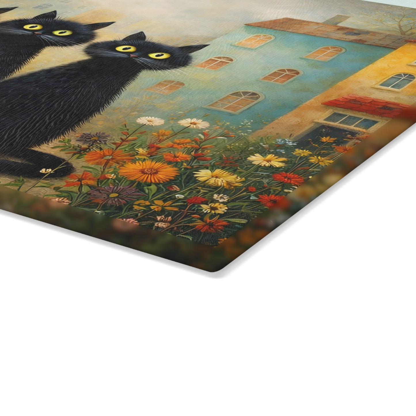 Whimsical Black Cats Village Scene Glass Cutting Board – Storybook Kitchen Art