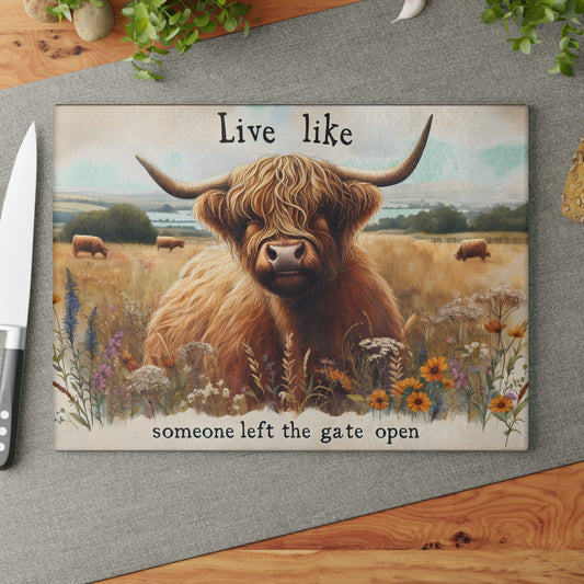 🐮 Highland Cow “Gate Open” Cutting Board – Rustic Charm with a Playful Twist
