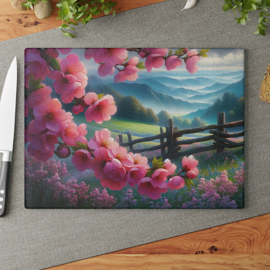 Cherry Blossom Mountain Meadow Glass Cutting Board – Spring Floral Landscape Kitchen Display