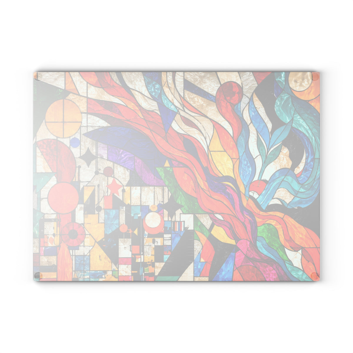 Colorful Abstract Stained-Glass-Look Glass Cutting Board – Modern Geometric Kitchen Decor