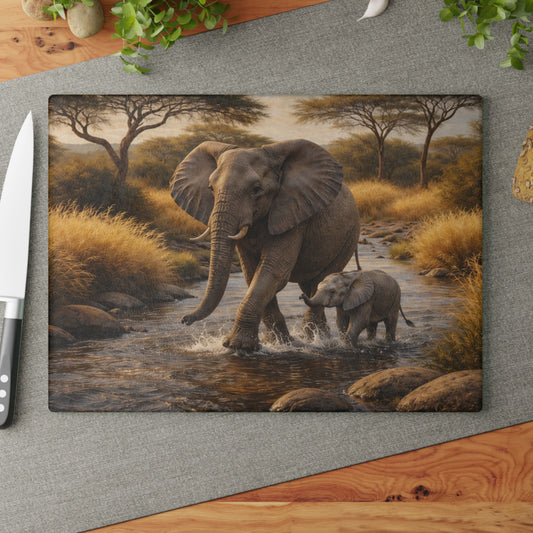 Elephant and Calf River Crossing Glass Cutting Board – Peaceful Wildlife Nature Kitchen Art