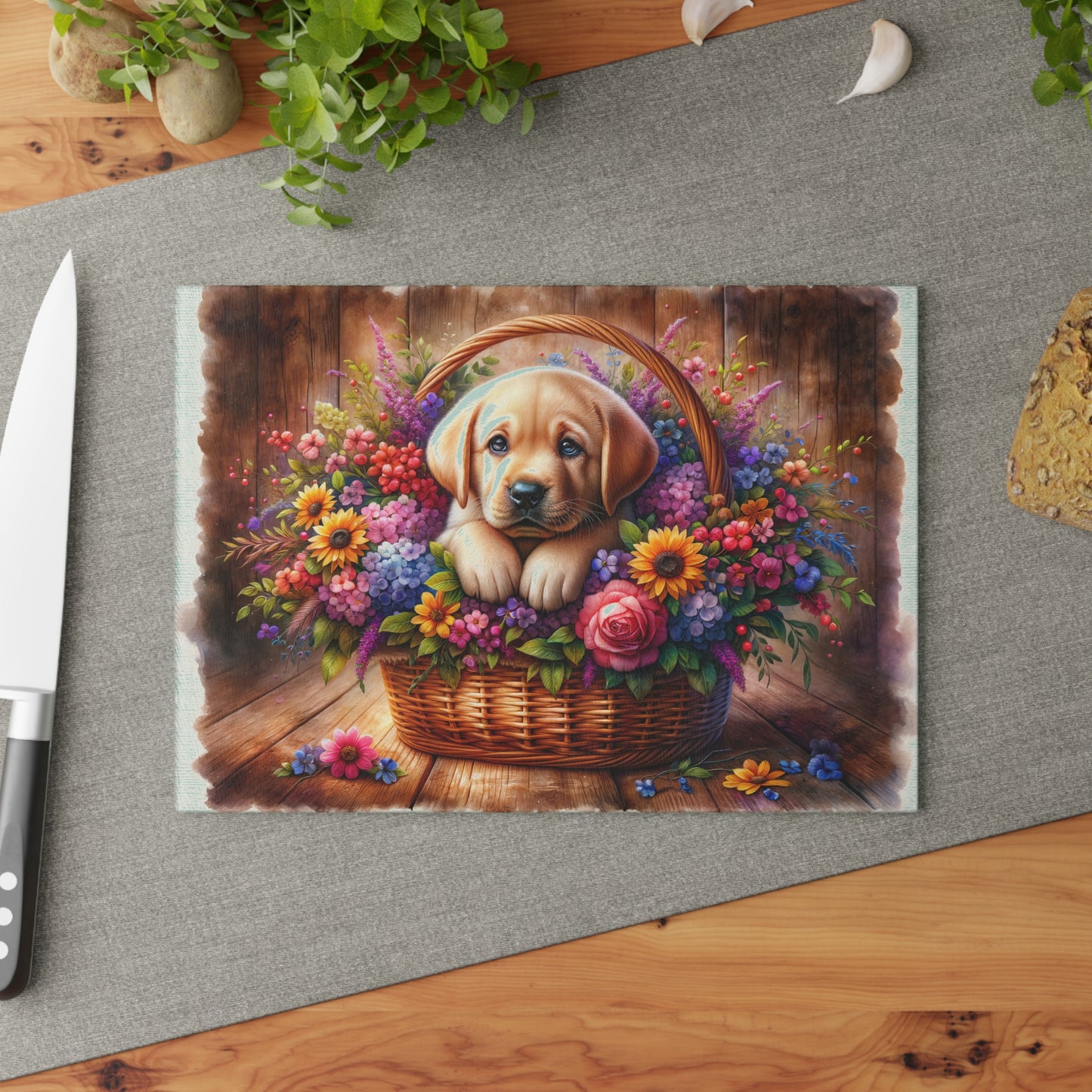 🐾 Yellow Labrador Puppy Floral Basket Cutting Board – Sweet Charm for Your Kitchen 🌸