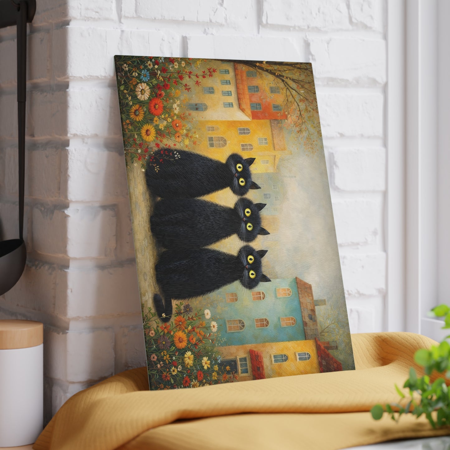 Whimsical Black Cats Village Scene Glass Cutting Board – Storybook Kitchen Art