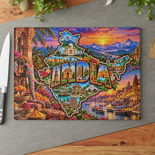 India Map Cutting Board – Colorful Indian Landmarks, Taj Mahal, Decorated Elephant & Vibrant Cultural Kitchen Décor