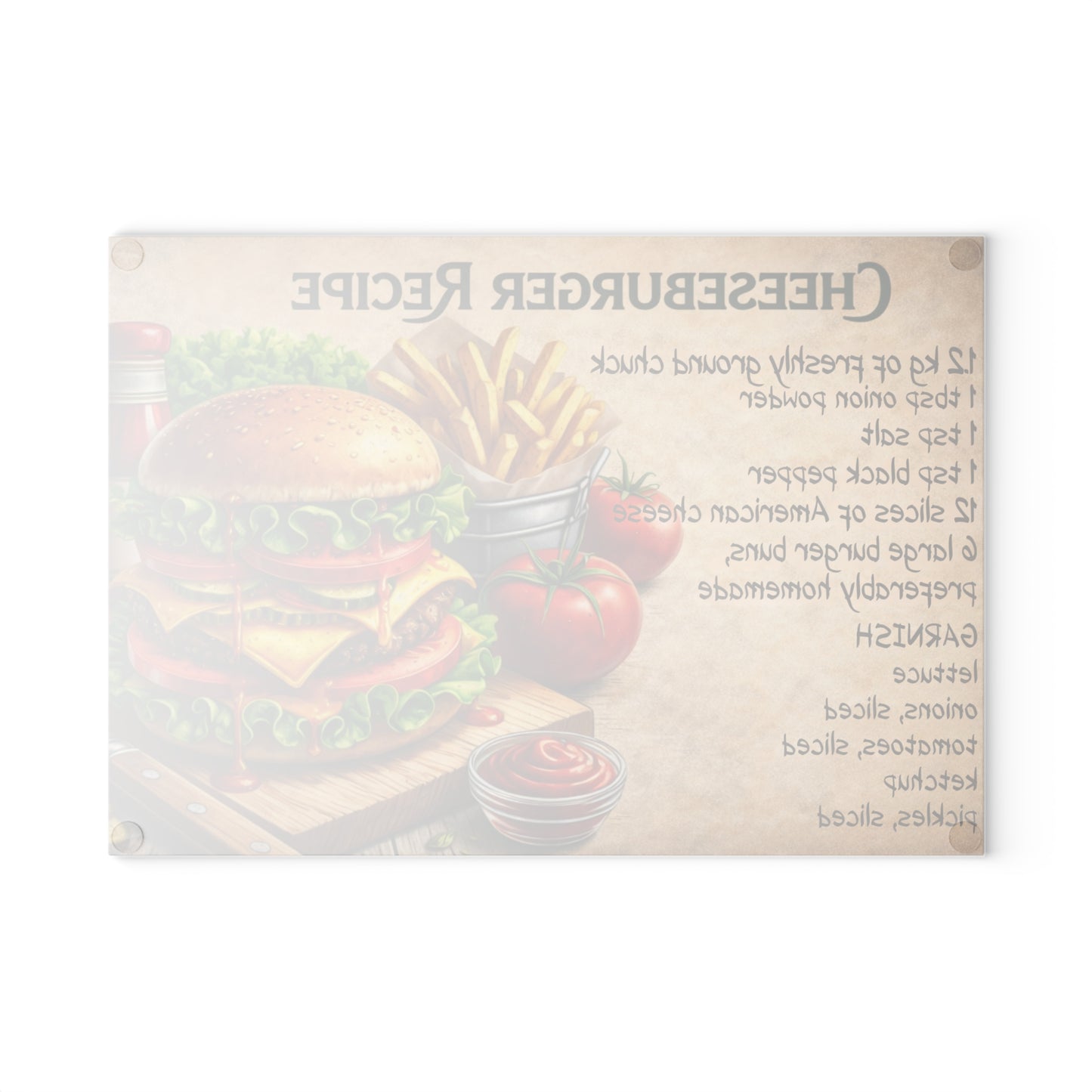 Cheeseburger Recipe Glass Cutting Board – Classic Burger Kitchen Art