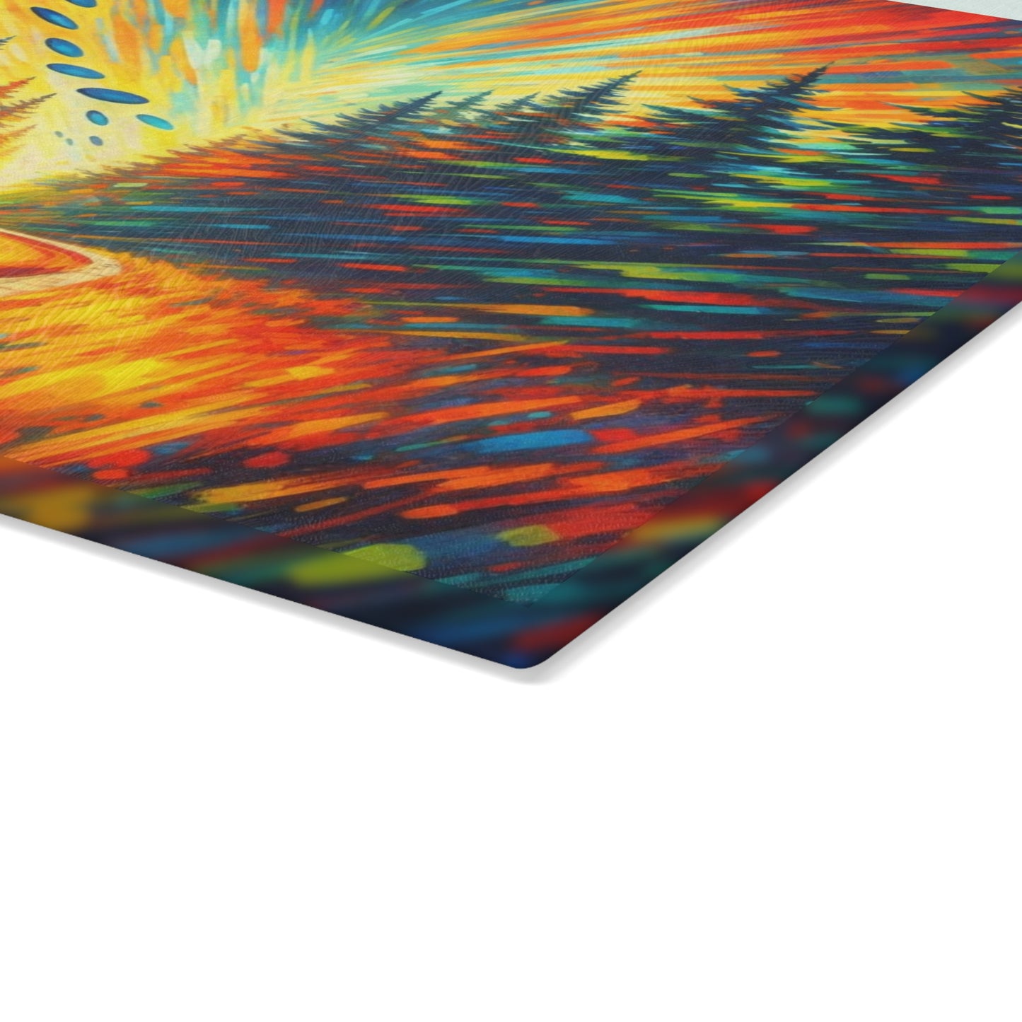 Disc Golf Basket Sunset Glass Cutting Board – Colorful Outdoor Sports Artwork