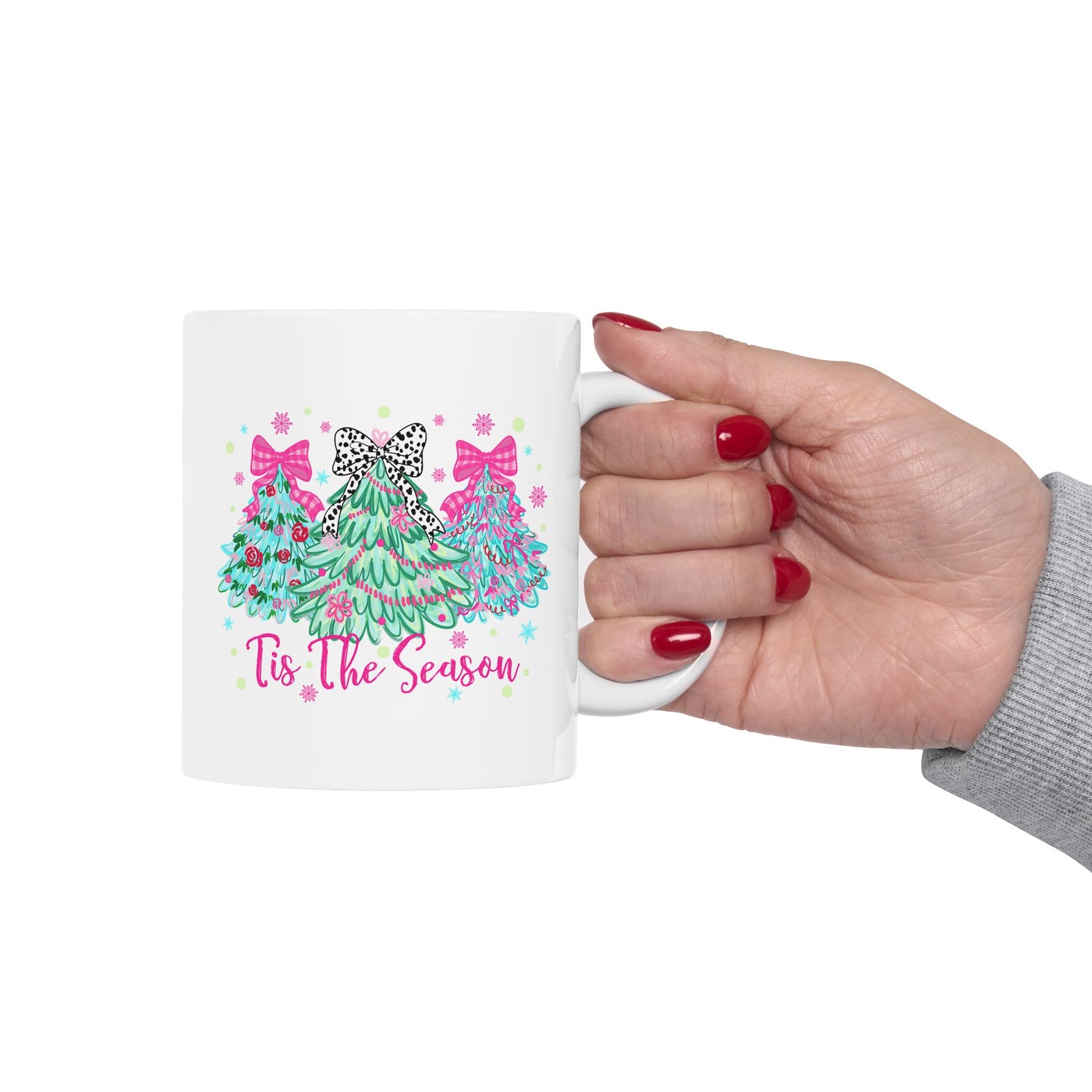 🎀🌲 ‘Tis the Season Mug – Pink Bows, Leopard Accents & Christmas Cheer 💖☕