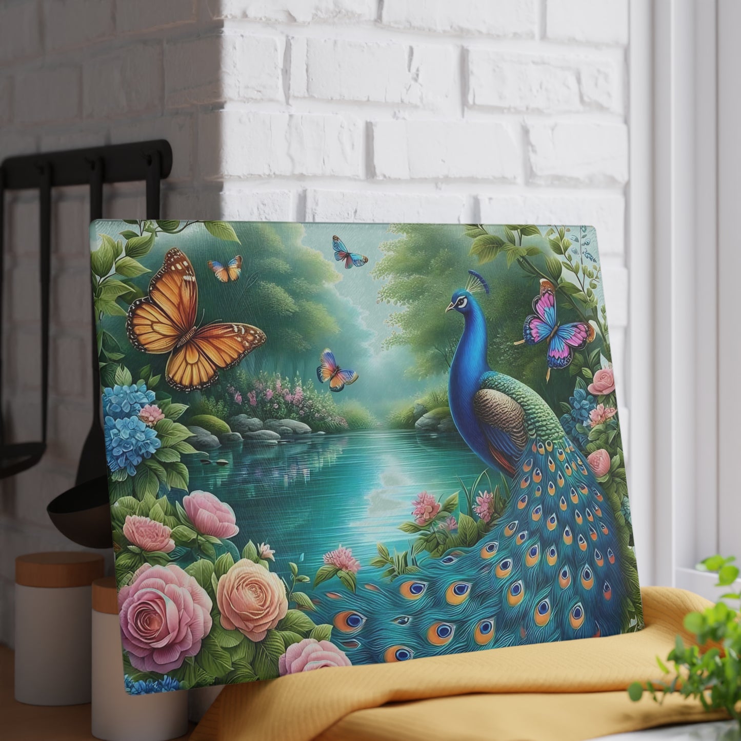 Peacock decor, butterfly decor, cutting board, kitchen decor, kitchen art, serving board, peacock gift, butterfly gift, floral cutting board