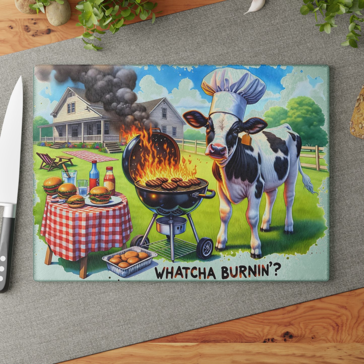 🐮🔥 “Whatcha Burnin’?” Glass Cutting Board – Cozy Charm for Your Kitchen
