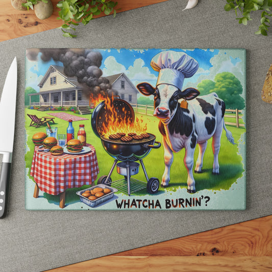 🐮🔥 “Whatcha Burnin’?” Glass Cutting Board – Cozy Charm for Your Kitchen