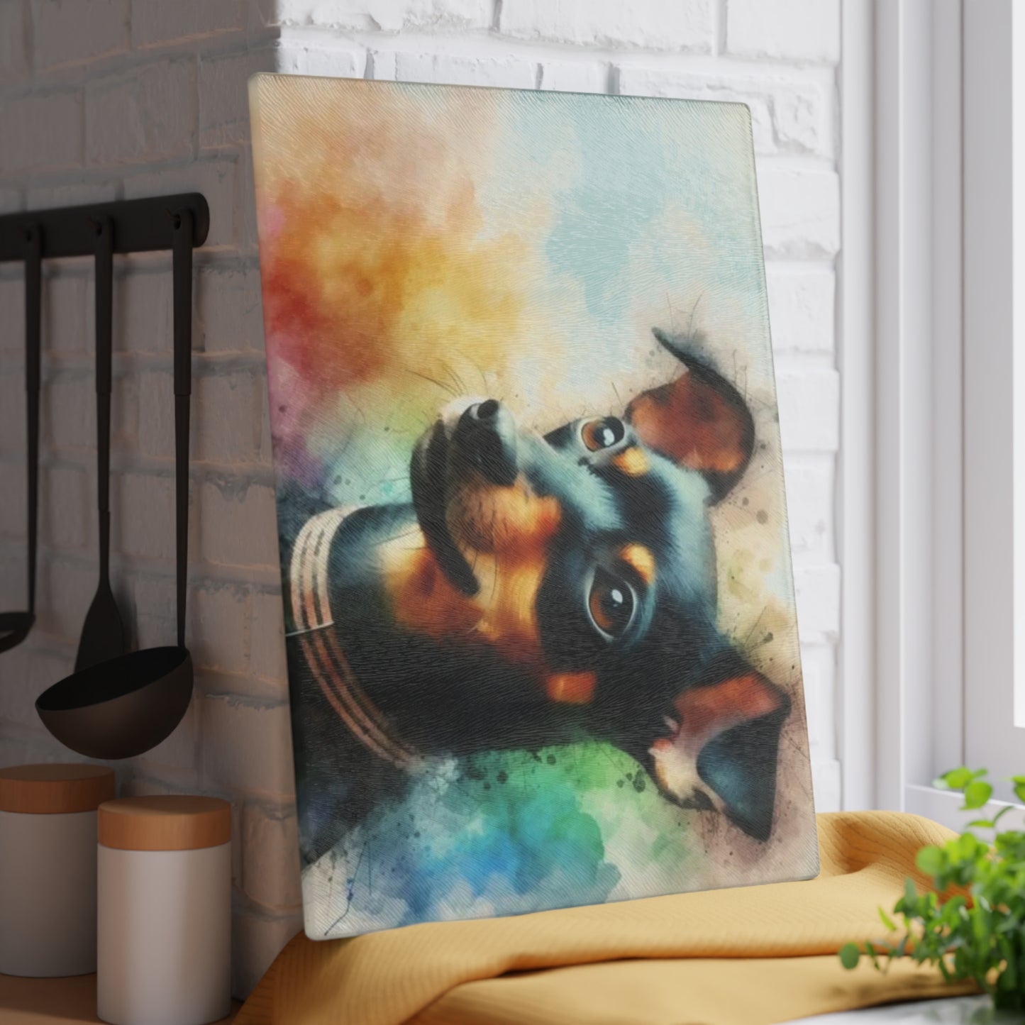 🐶🌈 “Rainbow Min Pin Portrait” Tempered Glass Board – Color Splash for Dog-Loving Kitchens
