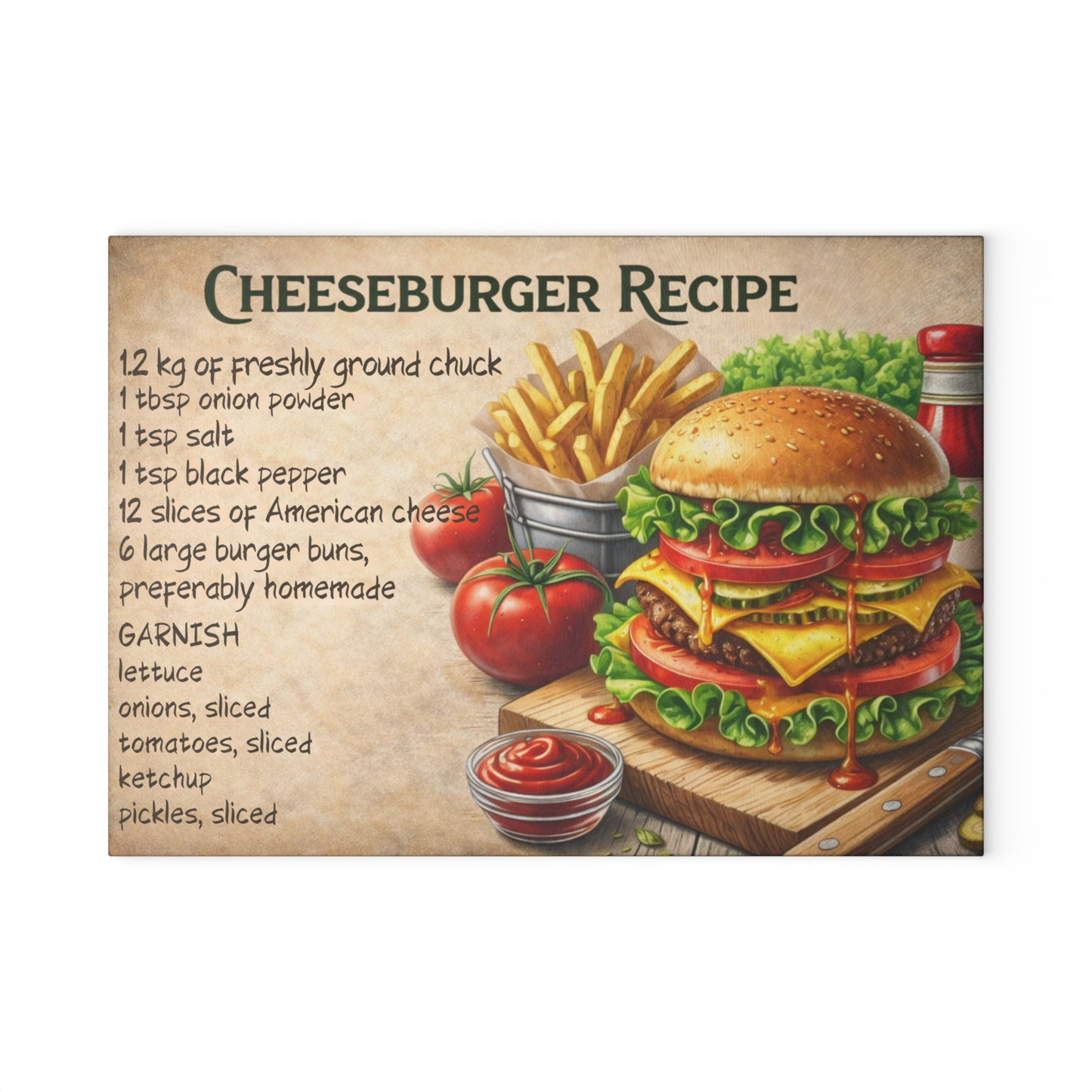 Cheeseburger Recipe Glass Cutting Board – Classic Burger Kitchen Art